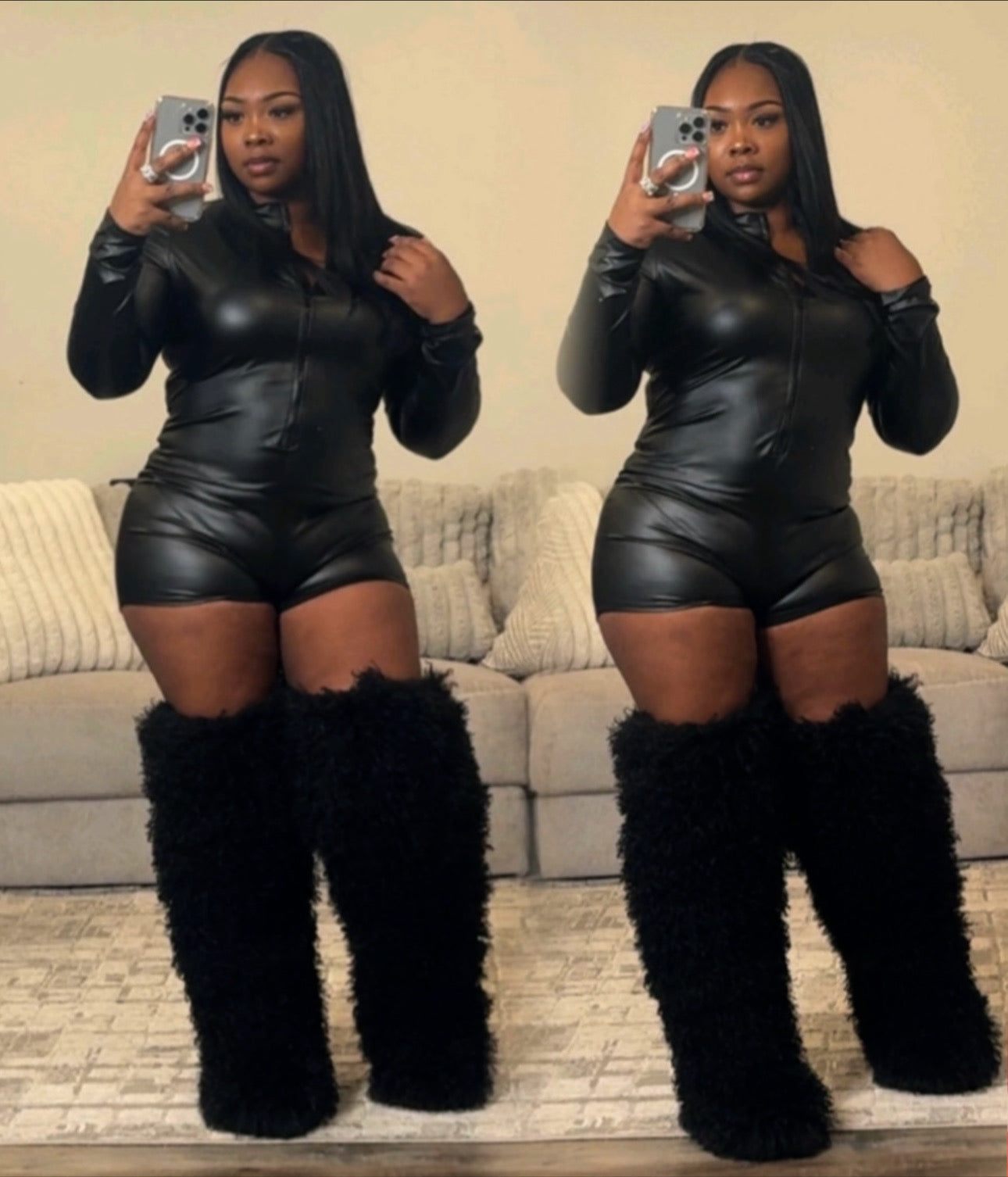 1PC BLK FAUX LEATHER ROMPER