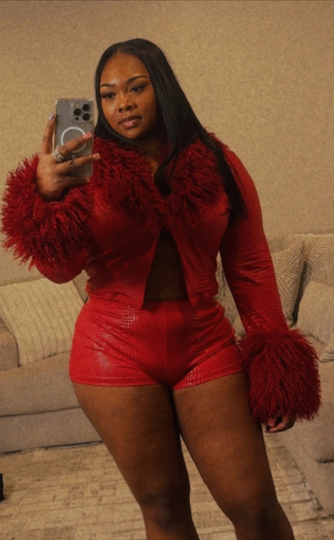 2PC SNAKEPRINT FUR JACKET & SHORT SET (2COLORS)