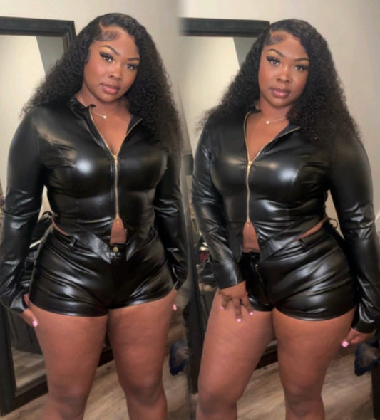 BLK LEATHER SHORT SET