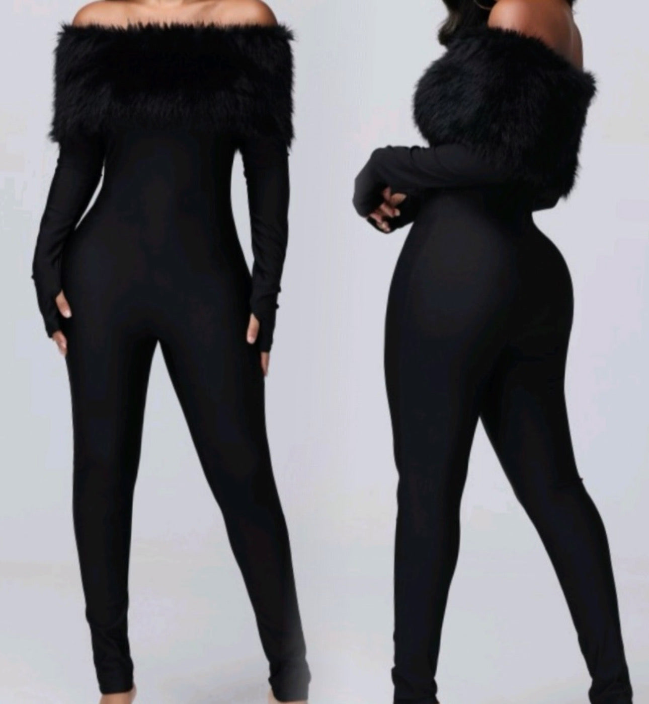 BLK FUR OFF-SHOULDER JUMPSUIT