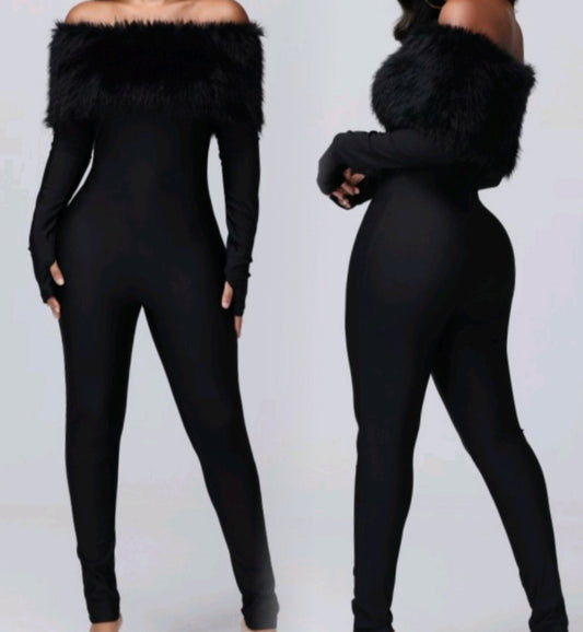 BLK FUR OFF-SHOULDER JUMPSUIT