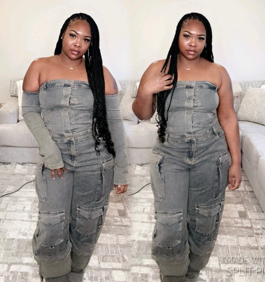 CARGO OFF-SHOULDER JUMPSUIT (STRETCHY)