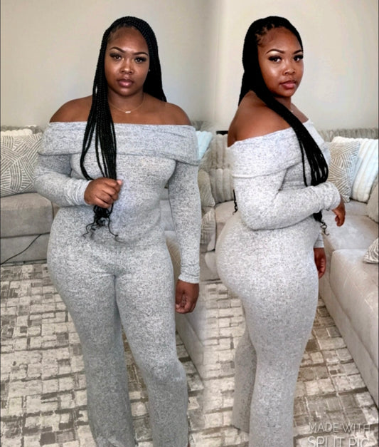 GREY OFF-SHOULDER JUMPSUIT (JUNIORS&PLUS)