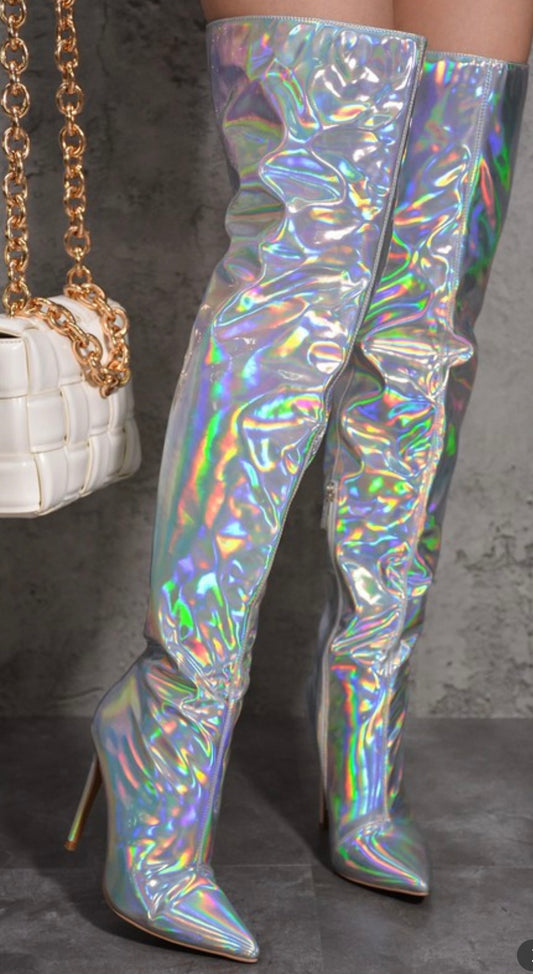 Metallic Thigh High Boots (Silver)